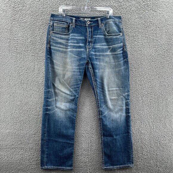 BKE Tyler Jeans Mens 36R Straight Leg Blue Stretched Denim Heavy Stitching*
